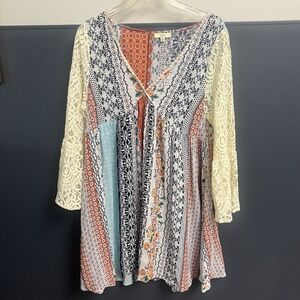 Kori America Boho Festival Hippi Gypsy Looking V Neck Dress Size Medium Stripe‎